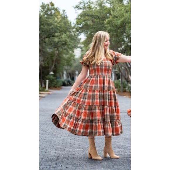 NWT Love + Grow Midi Dress XS Tiered Smocked Puff Sleeve Fall Plaid Peasant Boho - Picture 1 of 13